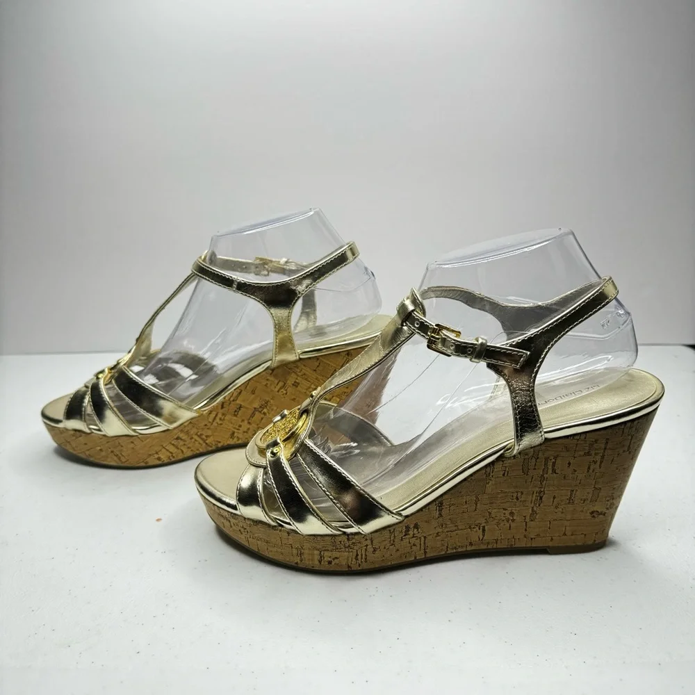 Liz Claiborne Kattie Metallic Gold Platform Cork Wedge Sandals Gold Medallion 9M